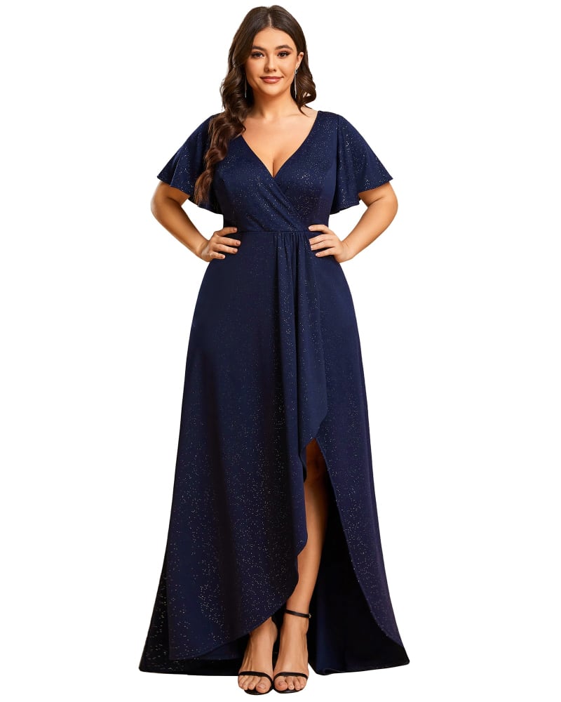 Front of a model wearing a size 16 Glitter High-Low Front Side Slit Ruffled V-Neck Evening Dress in Navy Blue by Ever-Pretty. | dia_product_style_image_id:293143